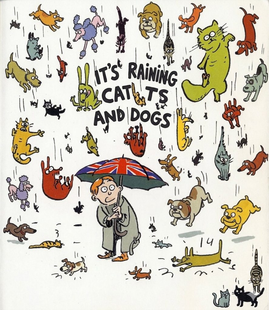 It's raining cats and dogs.