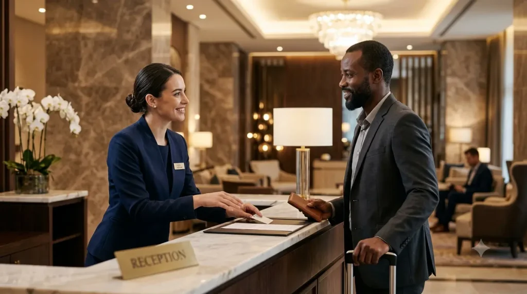 Une réceptionniste de luxe souriante interagit avec un client international à la réception en marbre d'un hôtel haut de gamme, ambiance chaleureuse.