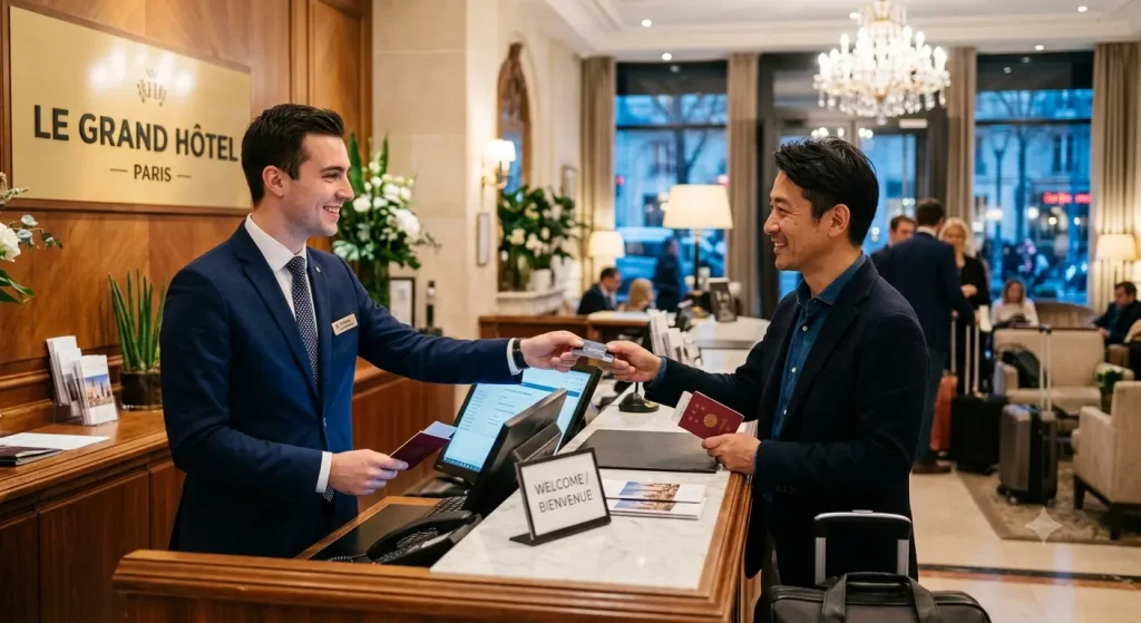 Un réceptionniste d'hôtel souriant derrière son comptoir, accueillant un client international avec professionnalisme.