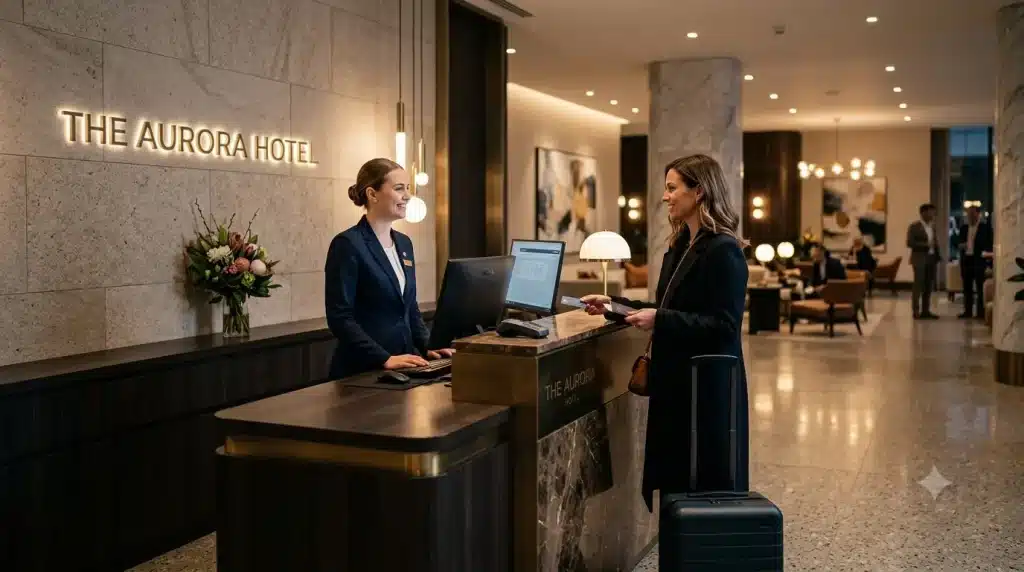 Réceptionniste d'hôtel pratiquant l'anglais professionnel pour accueillir un client international au comptoir du Front Desk.