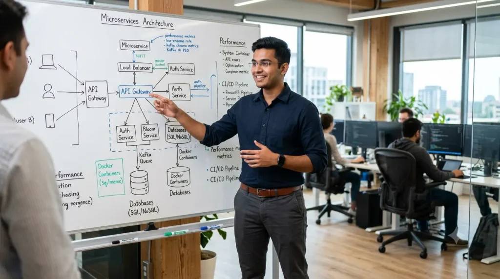 Un développeur souriant et confiant présente une architecture microservices complexe sur un tableau blanc lors d'un entretien d'embauche technique en anglais.