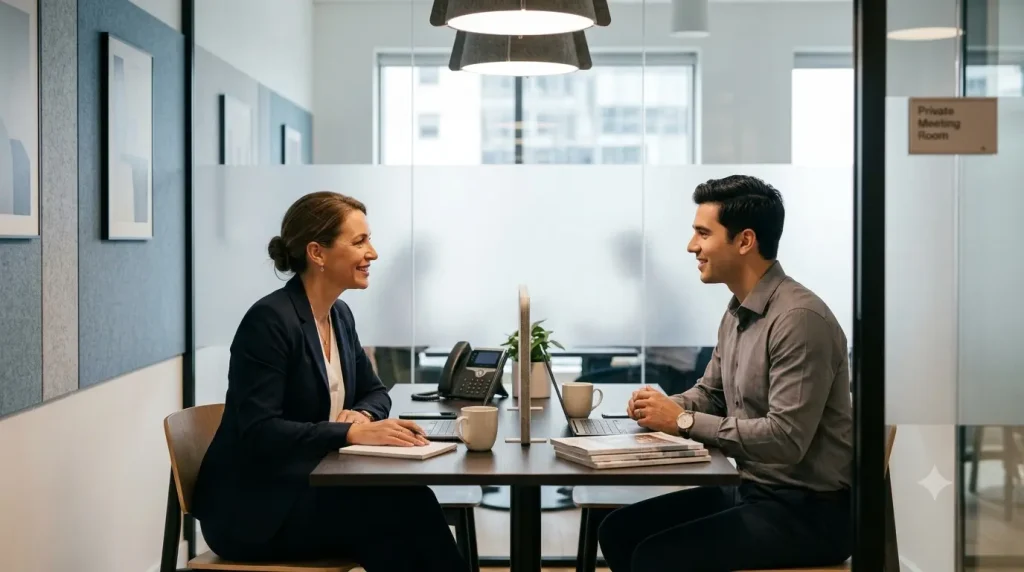 Un professionnel échangeant en toute confiance lors d'une réunion individuelle avec son manager dans un bureau moderne et lumineux.