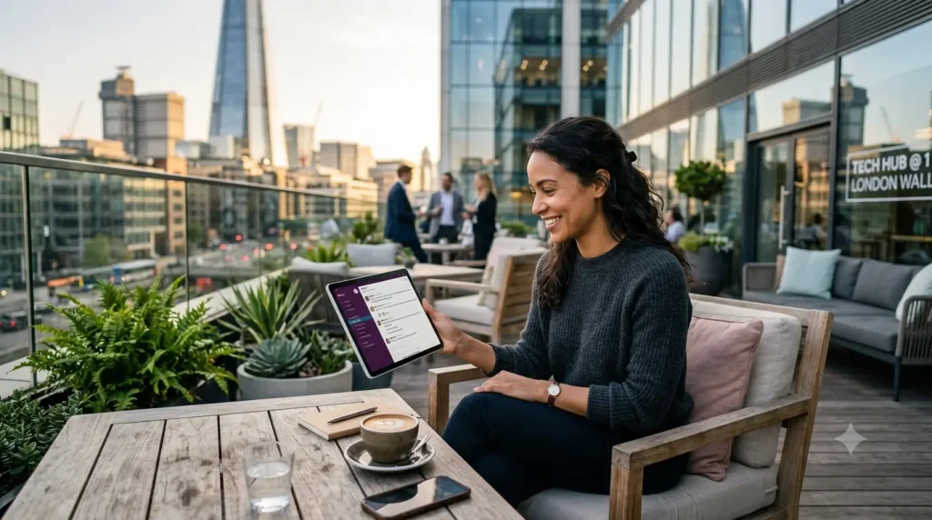 Développeuse sur une terrasse moderne, souriante face à sa tablette, consultant Slack à côté d'un café.