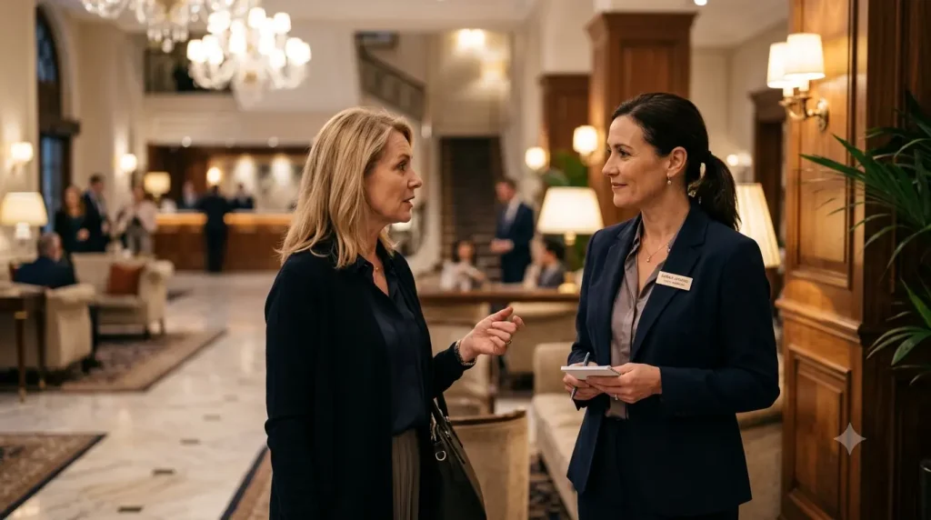 Une manager d'hôtel de luxe écoute avec empathie une cliente pour gérer une réclamation client en anglais dans le hall