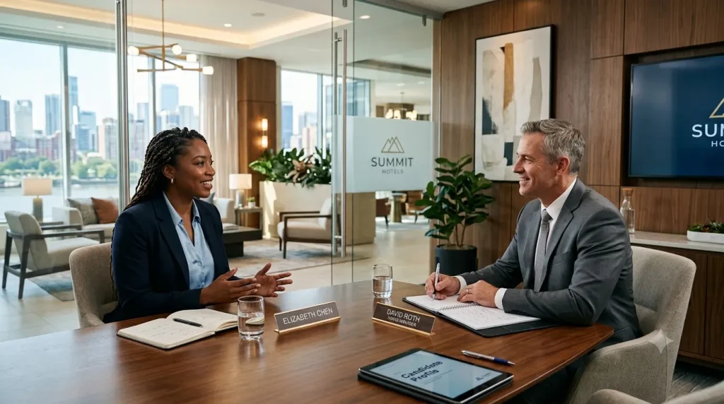 Candidate confiante en entretien d'embauche en anglais pour un poste dans l'hôtellerie de luxe, face à un recruteur dans un bureau moderne avec vue sur la ville.