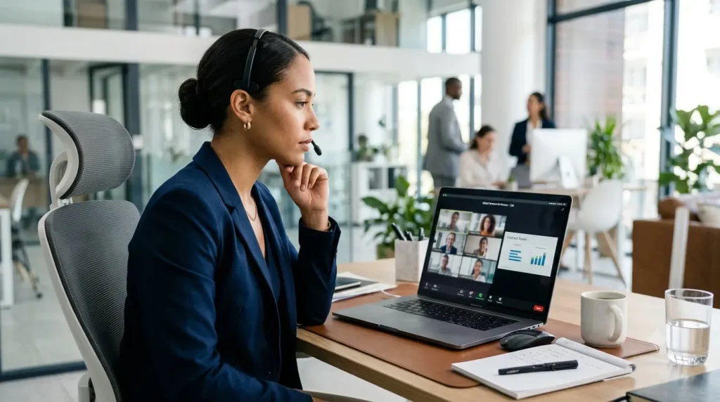 Professionnelle en visioconférence pratiquant la négociation diplomatique en anglais business.
