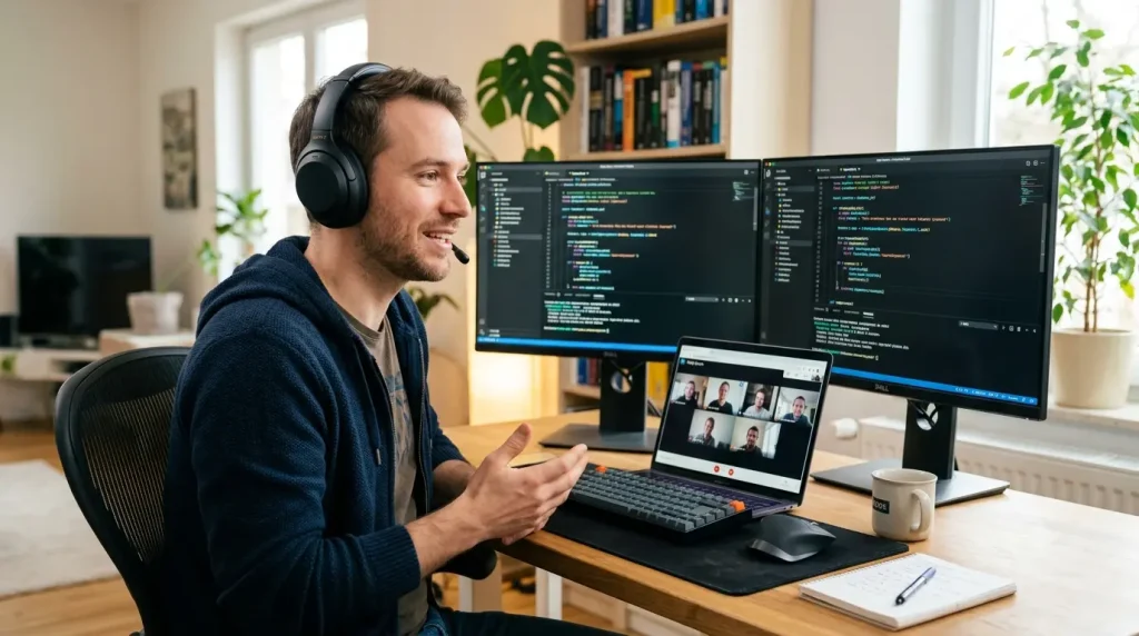 Un programmeur avec un casque moderne parle avec assurance lors d'un daily scrum en distanciel sur son ordinateur portable, devant un double écran affichant du code coloré.