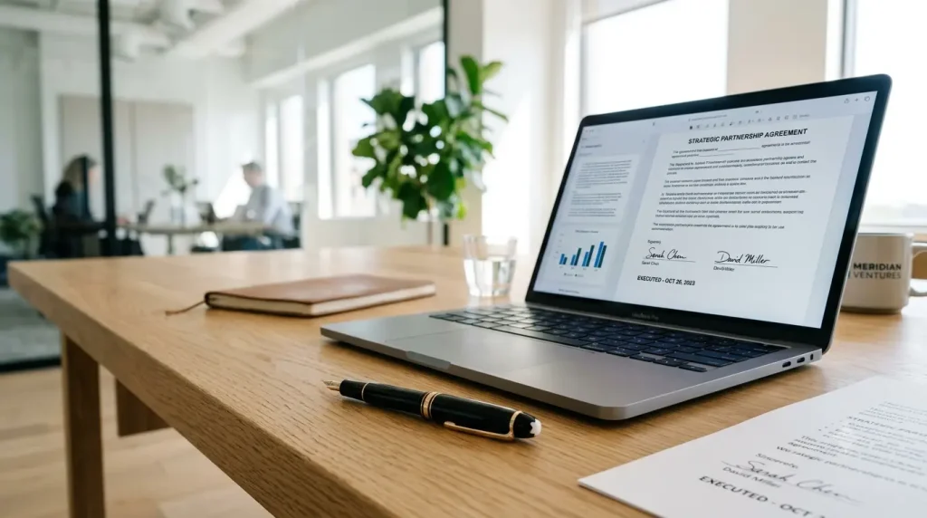 Ordinateur portable et stylo de luxe sur un bureau épuré, symbolisant un accord commercial formalisé en anglais.