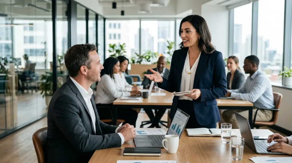 Une professionnelle s'exprime avec assurance face à son manager lors d'une réunion d'équipe dans un bureau moderne et lumineux.