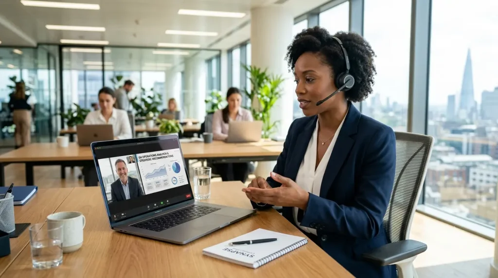 Consultant expliquant un refus avec diplomatie à son client lors d'un appel en anglais.