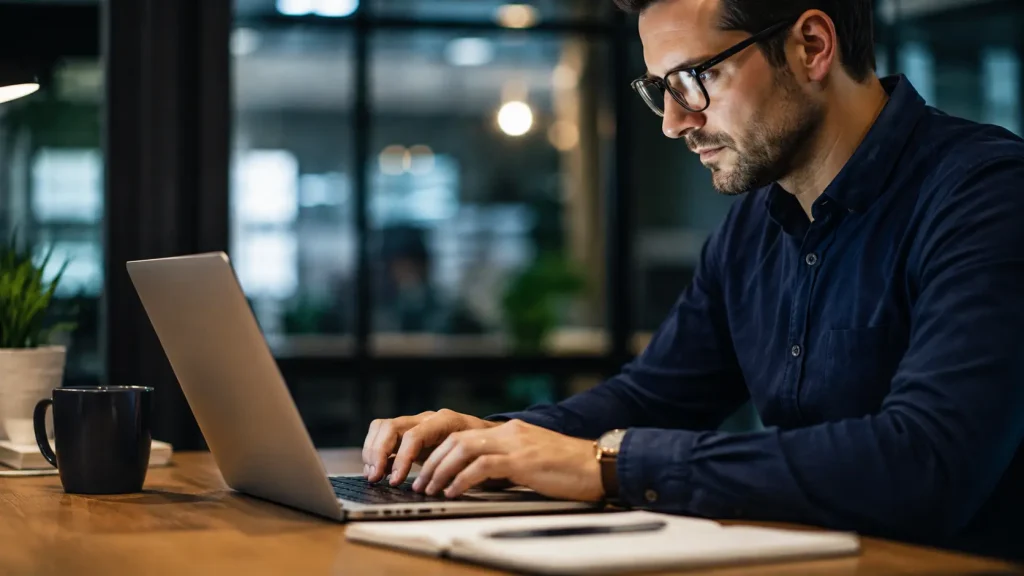 Un professionnel rédigeant un e-mail de négociation diplomatique sur un ordinateur portable dans un bureau.