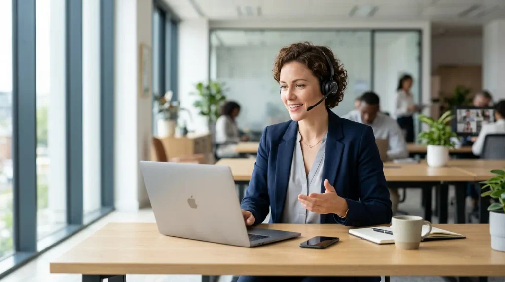 Un professionnel serein en visioconférence Zoom en anglais dans un bureau moderne