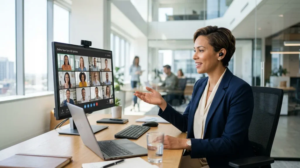 Une femme portant des écouteurs inclinant la tête vers son ordinateur lors d'un appel vidéo
