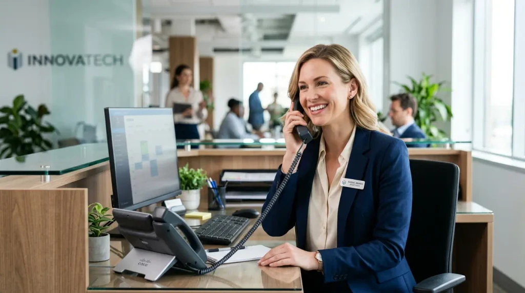 Réceptionniste professionnelle appliquant les bons réflexes d'accueil téléphonique en entreprise.