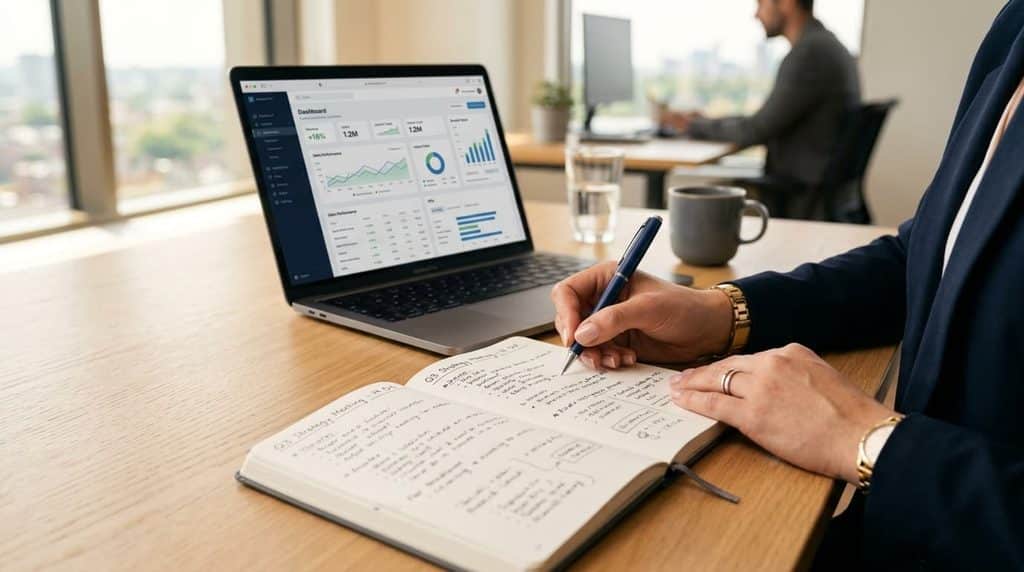 Professionnel en visioconférence prenant des notes et reformulant en anglais des affaires.
