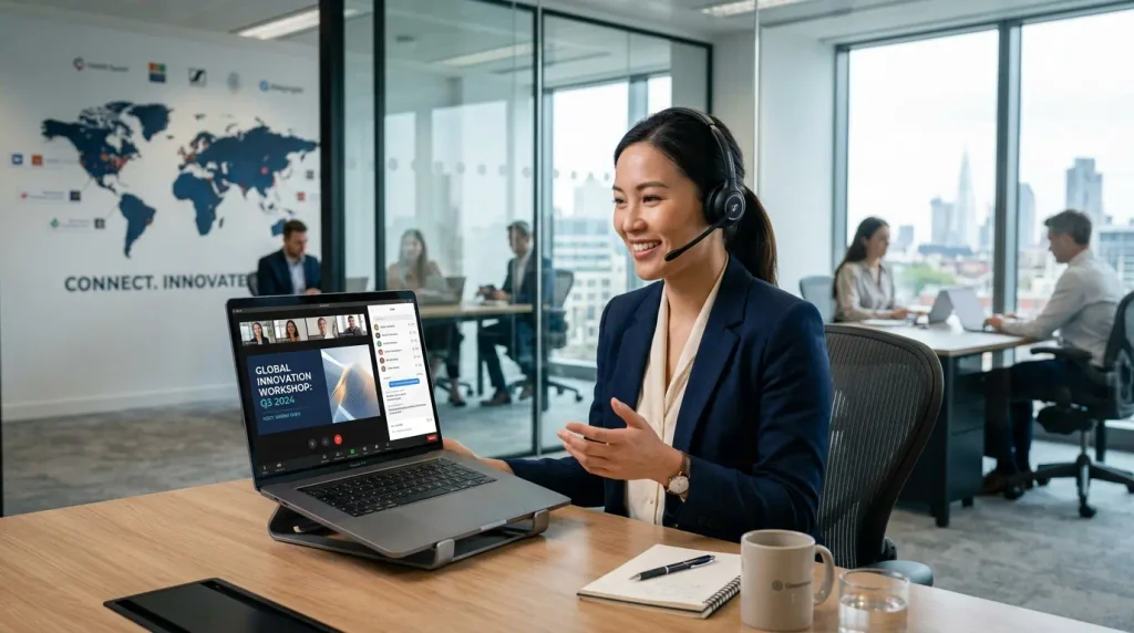 Professionnel animant une visio Zoom en anglais des affaires depuis son bureau.