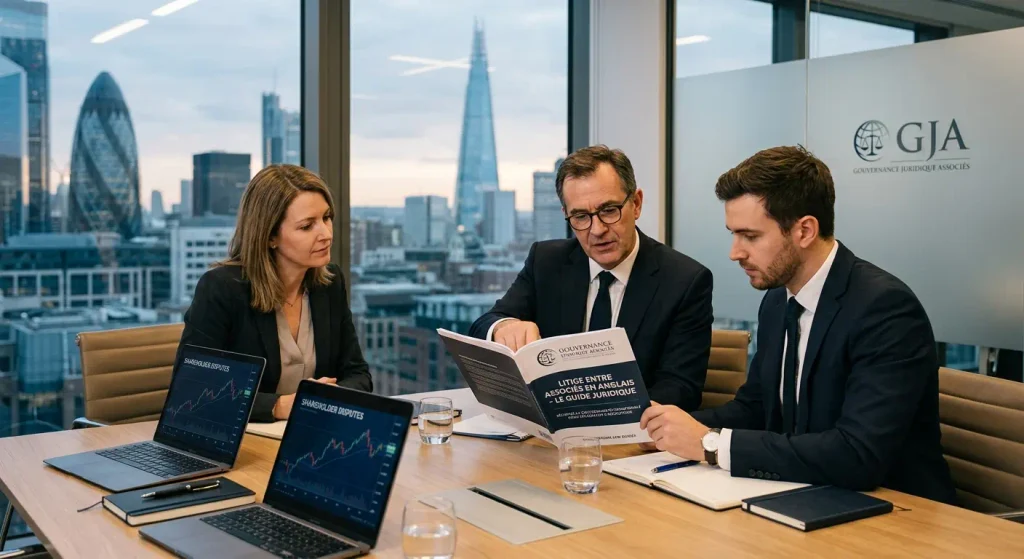 Trois professionnels en réunion à Londres examinant le guide juridique sur les litiges entre associés.