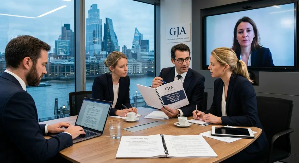 Avocats d'affaires en pleine négociation contractuelle en anglais juridique dans un cabinet international.